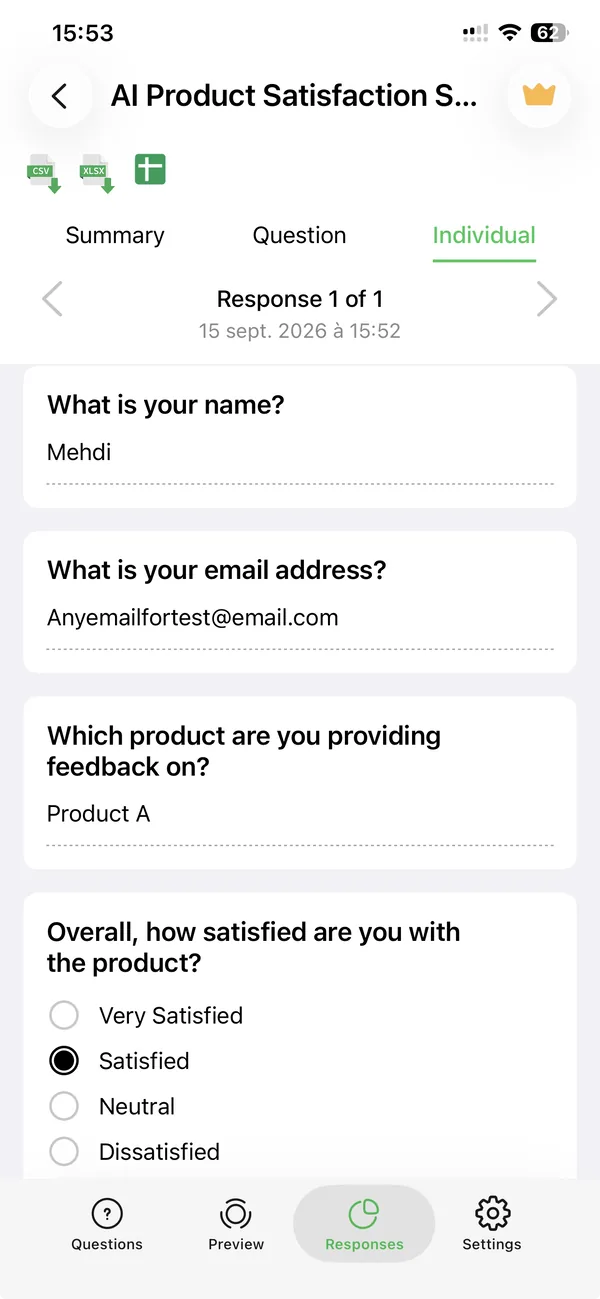 The Responses screen in the app showing an individual response with CSV, XLSX and Google Sheets export icons at the top