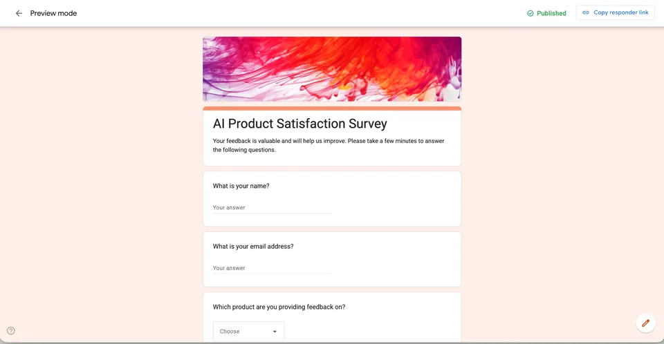 The form generated by the app, opened in Google Forms preview mode on a Mac, with a header image, the title AI Product Satisfaction Survey and the first three questions