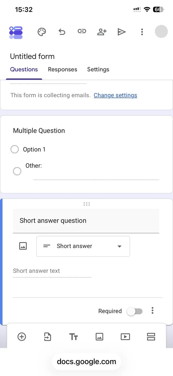 The mobile editor with a multiple choice question and a short answer question, the Required toggle visible at the bottom of the selected card