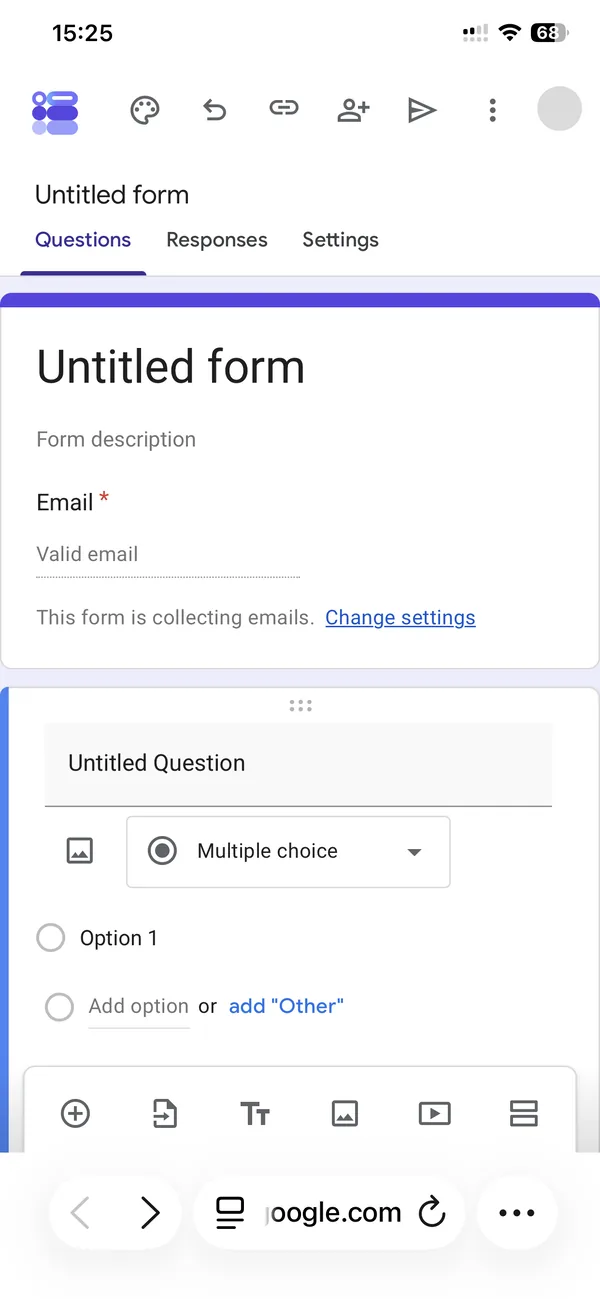 A new untitled Google Form open in Safari on an iPhone, with the Questions, Responses and Settings tabs and a six-icon toolbar at the bottom
