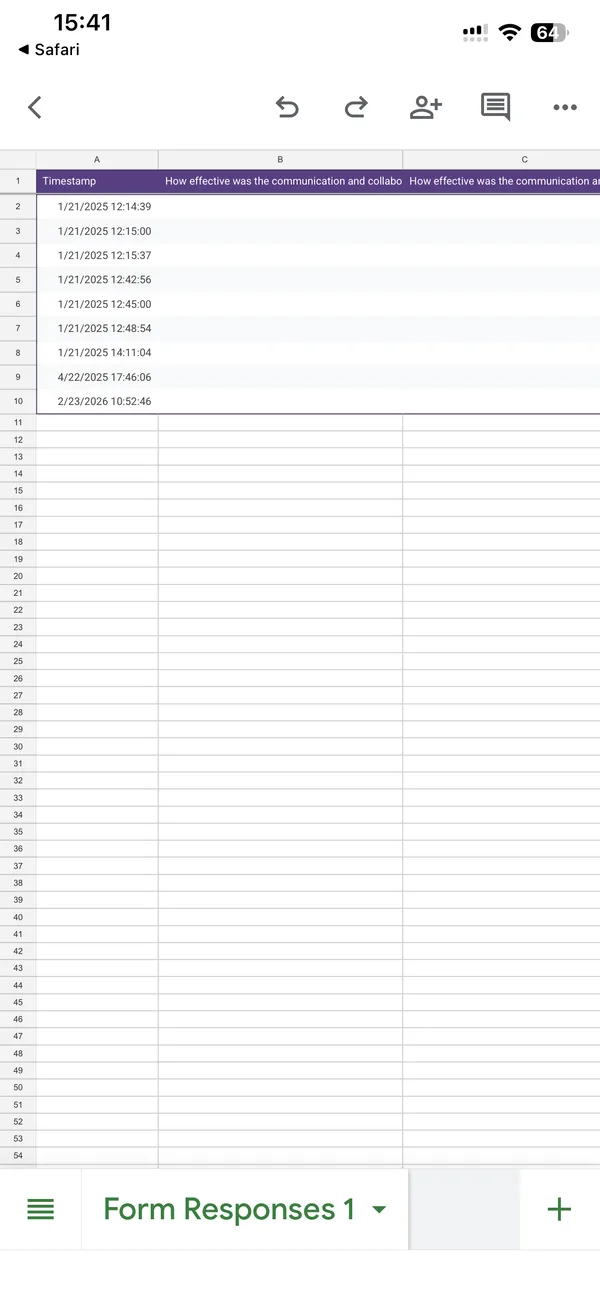 The same responses opened in the Google Sheets iPhone app, one row per response with timestamps