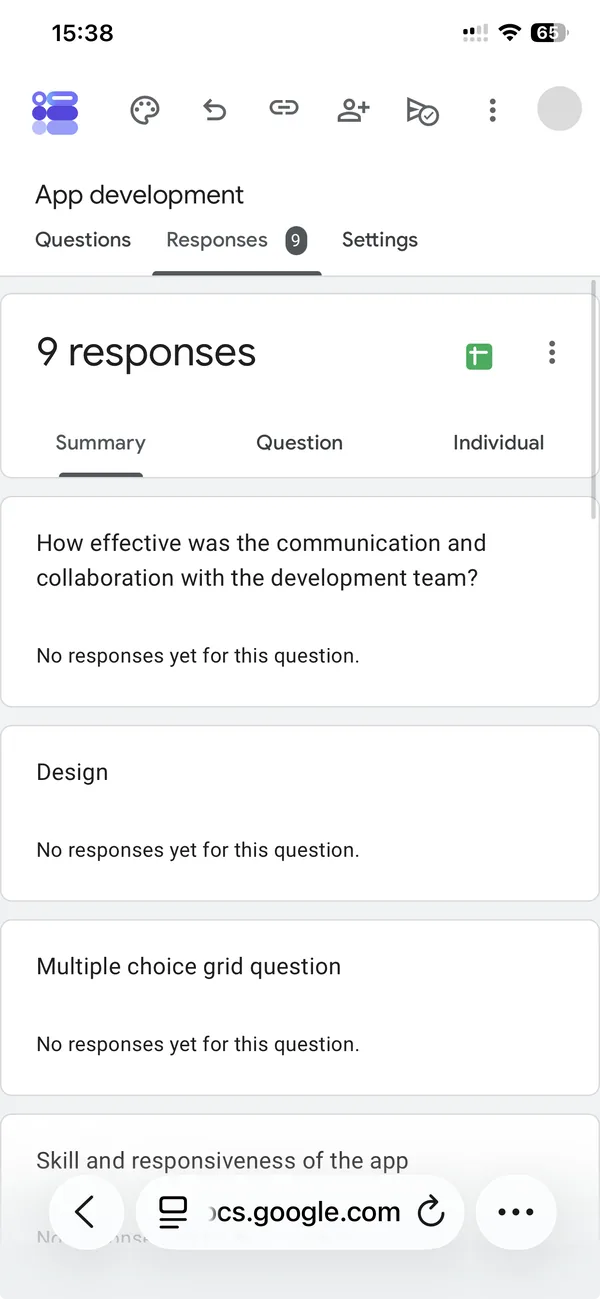 The Responses tab of a Google Form in Safari on an iPhone showing 9 responses and the Summary view