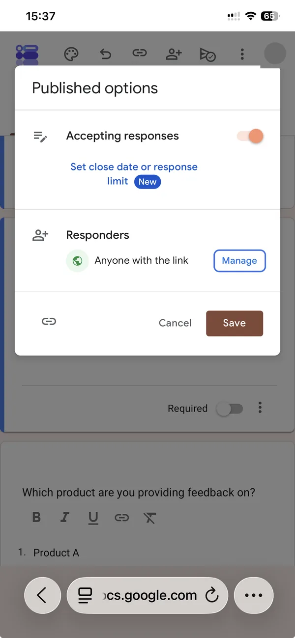 The Published options dialog in Safari on an iPhone: Accepting responses toggle on, a Set close date or response limit link marked New, Responders set to Anyone with the link, and a small link icon at the bottom left