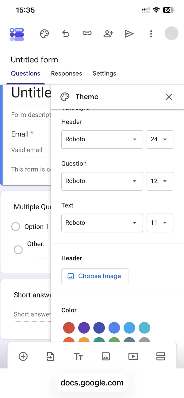 The Theme panel in the mobile editor with font and size controls for Header, Question and Text, a Choose Image button and a colour grid