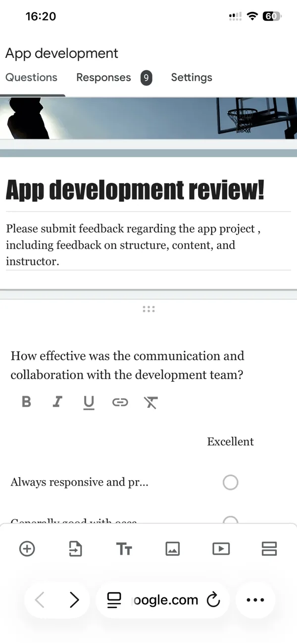A Google Form in the mobile editor with a bold display font for the title, serif body text and a photo header