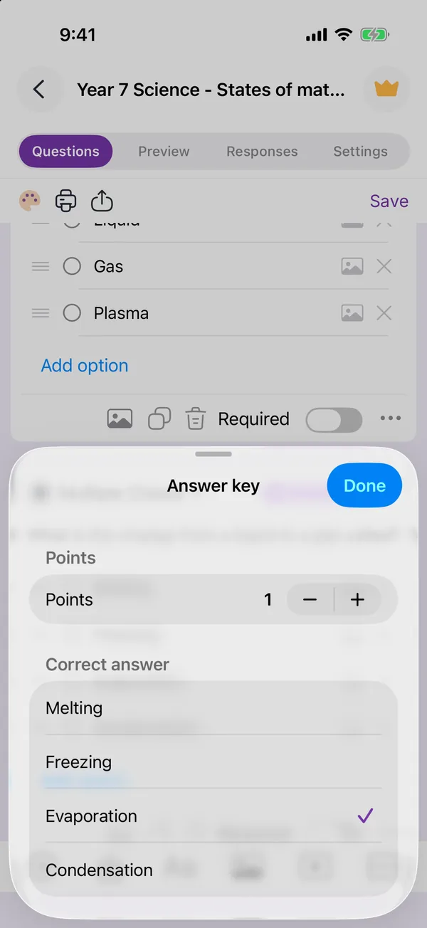 The Answer key sheet in the app for a question about evaporation, set to 1 point with Evaporation ticked