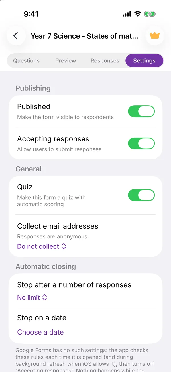 The app’s Settings tab with the Quiz switch turned on