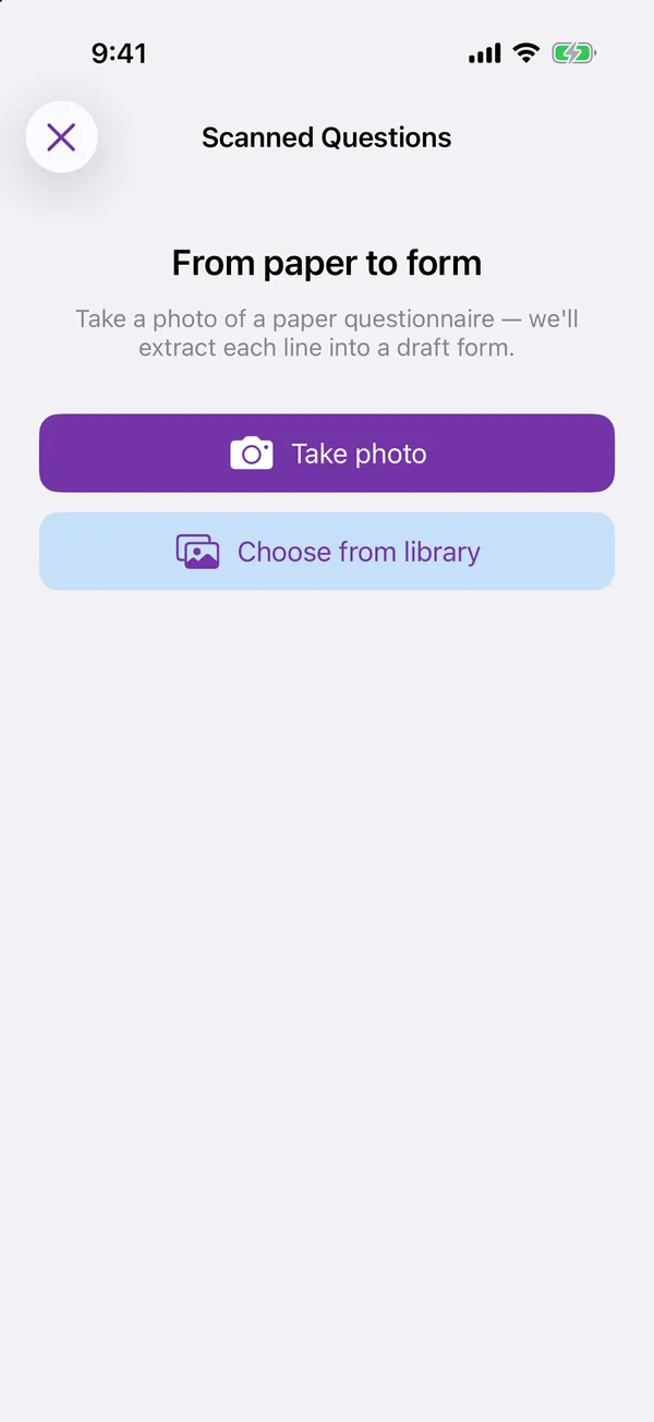 The Scanned Questions screen in the app with From paper to form, Take photo and Choose from library