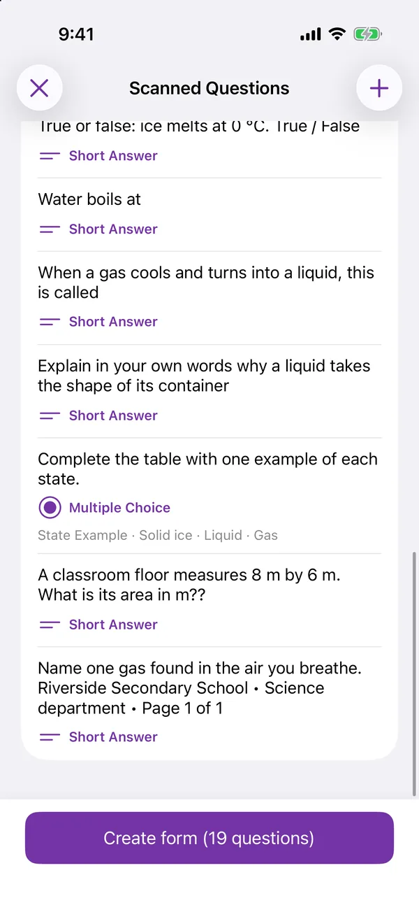The end of the scanned list in the app, with the table read as a multiple choice question, m squared read as m??, and the page footer joined to the last question