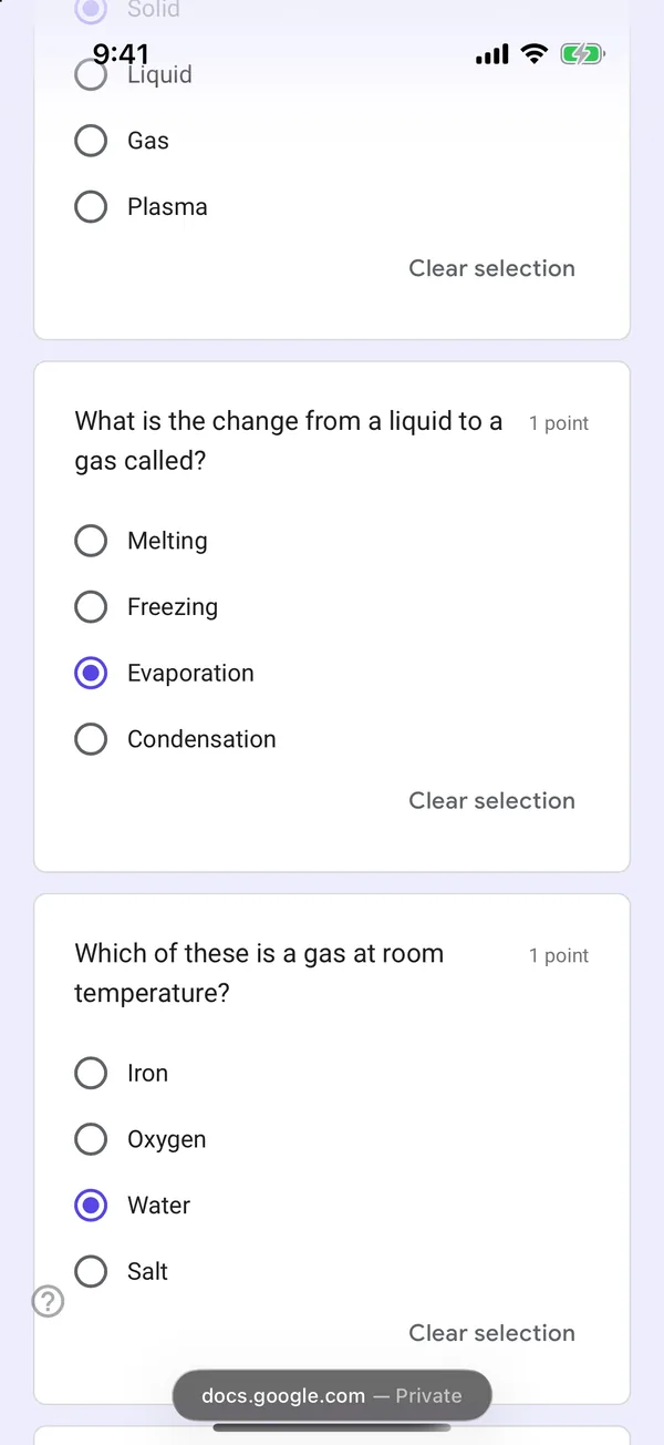 The worksheet quiz seen by a student in Safari on an iPhone, with two questions answered and 1 point shown next to each