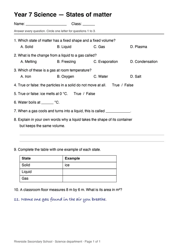 A printed Year 7 science worksheet called States of matter, with a name and class line, multiple choice questions with options A to D on one line, true or false questions, fill-in-the-blanks, a small table and a handwritten question