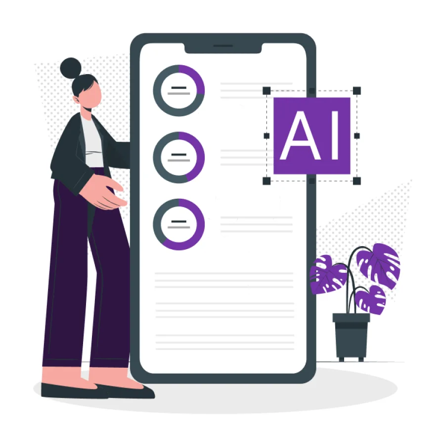 Illustration: a phone showing generated form questions beside an AI badge