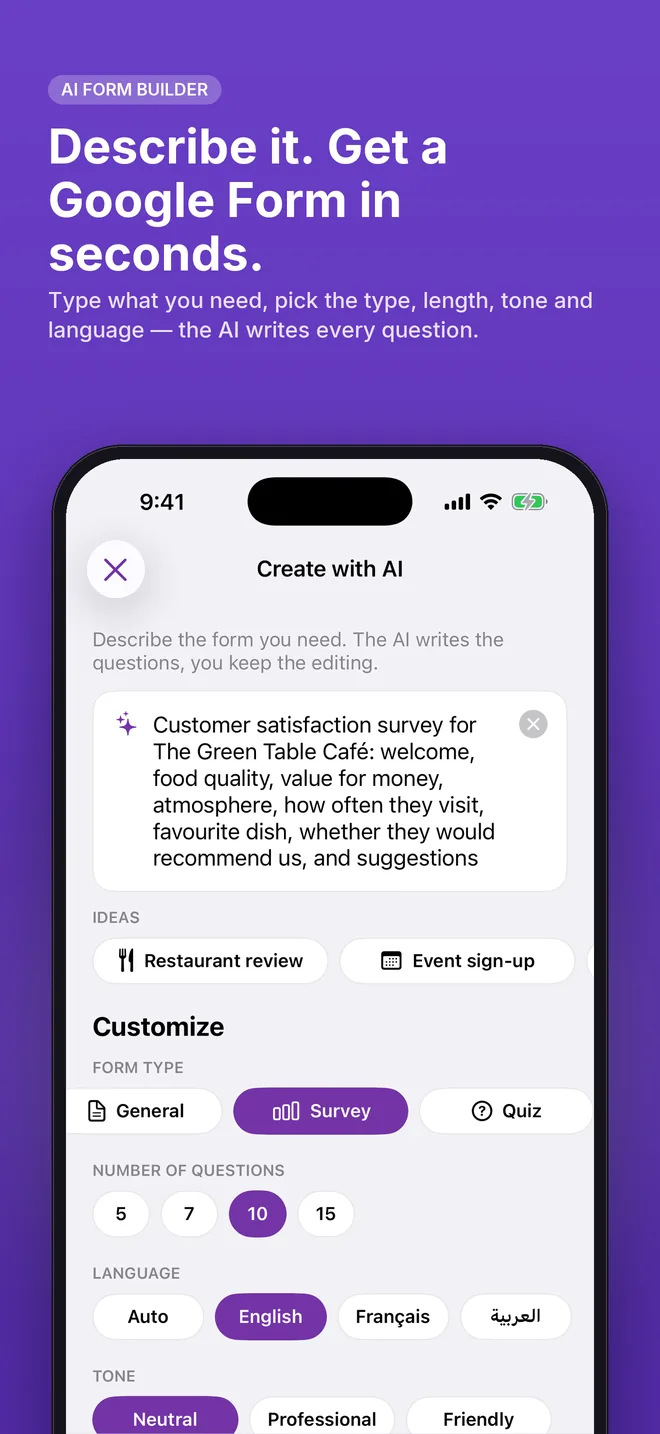 Describe it. The AI writes your form: the Create with AI screen