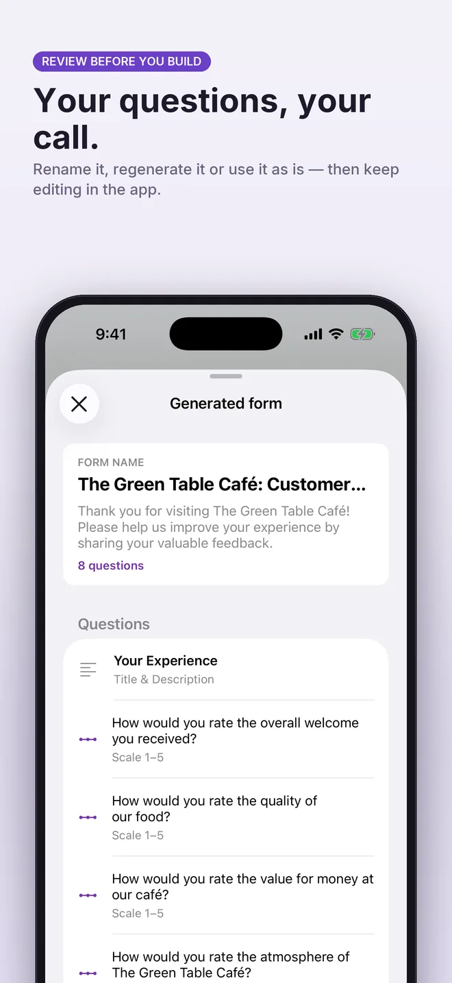 Review the generated questions before creating the form