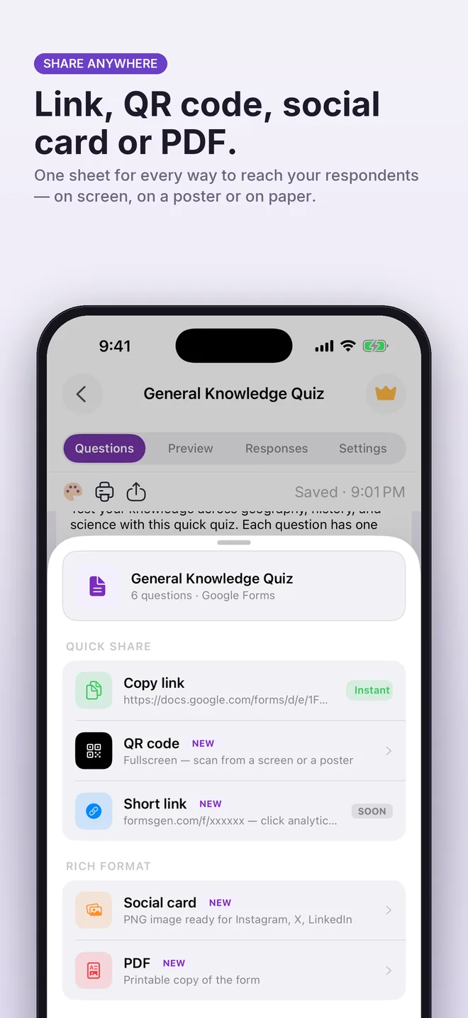 Share anywhere: link, QR code, social card, PDF