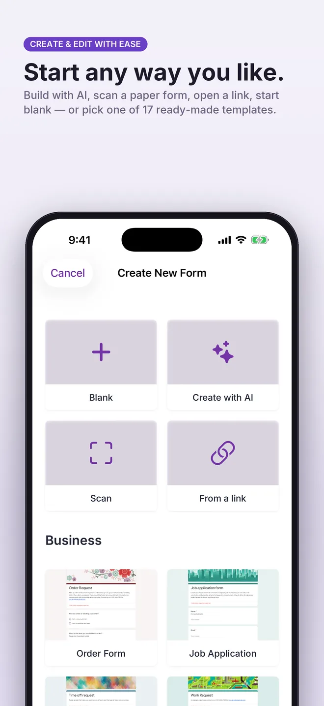 Start any way you like: blank, AI, scan, from a link, or a template