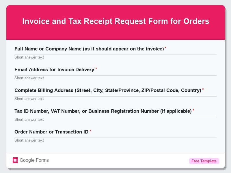 Invoice and Tax Receipt Request Form for Orders